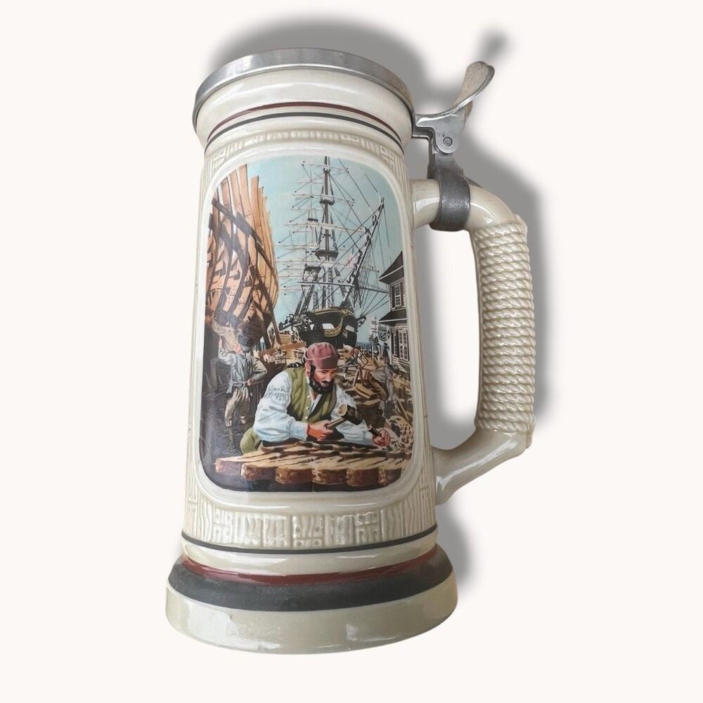 Avon 1986 The Shipbuilder Building of America Lidded Stein Uldis Klavins